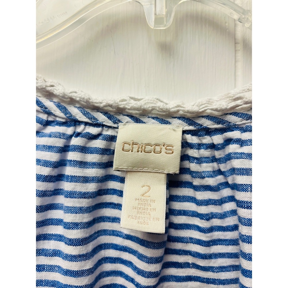 Chicos 2 (M 10-12) Blue Linen Blouse Striped Crochet Nautical Coastal Boho Fairy - Picture 3 of 4